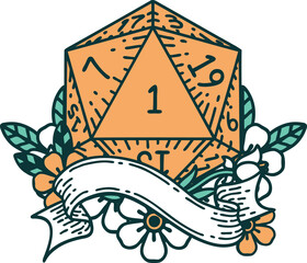 Retro Tattoo Style natural one d20 dice roll