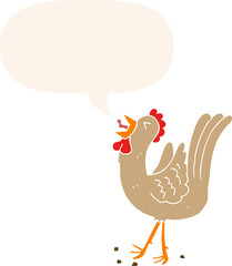 cartoon crowing cockerel with speech bubble in retro style