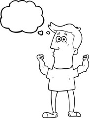 freehand drawn thought bubble cartoon surprised man flexing biceps