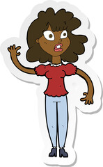 sticker of a cartoon worried woman waving