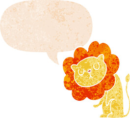 cute cartoon lion with speech bubble in grunge distressed retro textured style