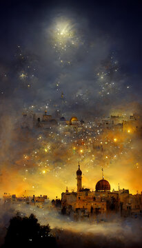 Jerusalem at night magical scene illustration