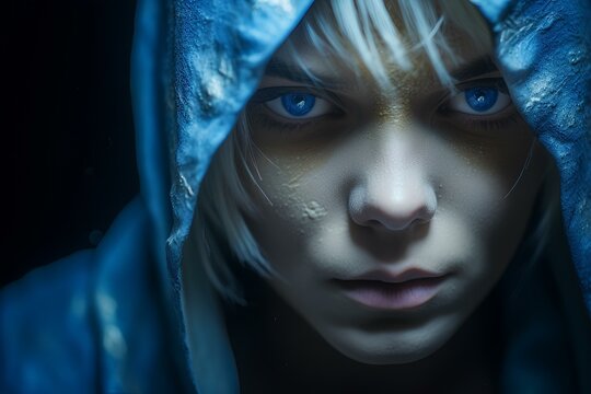 extremely close-up portrait of lich with blue eyes in darkness. generative AI