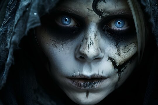 extremely close-up portrait of pretty lich with blue eyes in darkness. generative AI