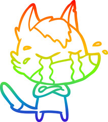 rainbow gradient line drawing of a cartoon crying wolf