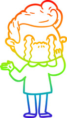 rainbow gradient line drawing of a cartoon man crying