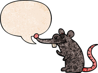 cartoon rat with speech bubble in retro texture style