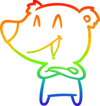 rainbow gradient line drawing of a laughing bear with crossed arms cartoon