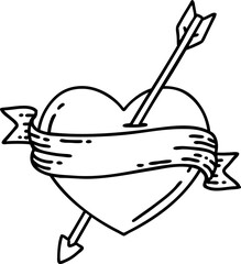 tattoo in black line style of an arrow heart and banner