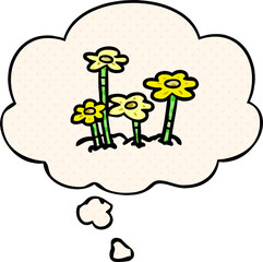 cartoon flowers with thought bubble in comic book style