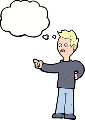 cartoon shocked boy pointing with thought bubble