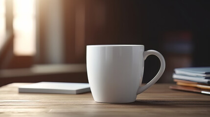 White Coffee cup mockup on a wooden table, Generative AI
