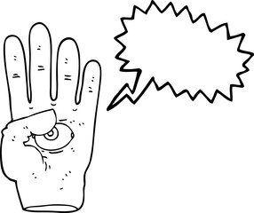 freehand drawn speech bubble cartoon spooky hand with eyeball