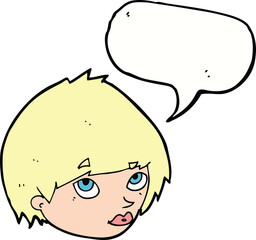 cartoon female face looking up with speech bubble