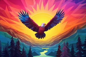 Paper art of majestic Bald Eagle soaring through the sky, carrying an American flag in its talons, against a backdrop of a surreal sunset filled with vibrant colors.Vector illustration. Generative AI