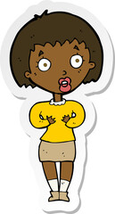 sticker of a cartoon woman making Who Me gesture