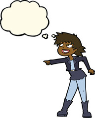 cartoon woman pointing with thought bubble