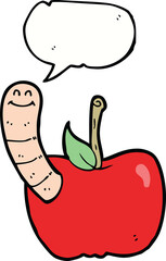 cartoon apple with worm with speech bubble