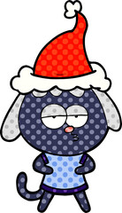 hand drawn comic book style illustration of a bored dog wearing santa hat