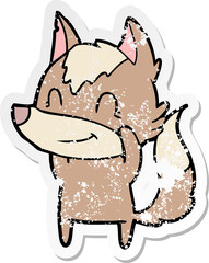 distressed sticker of a friendly cartoon wolf
