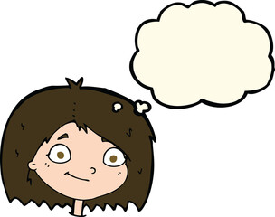 cartoon happy female face with thought bubble