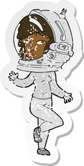 retro distressed sticker of a cartoon woman wearing space helmet
