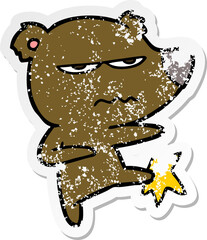 distressed sticker of a angry bear cartoon kicking