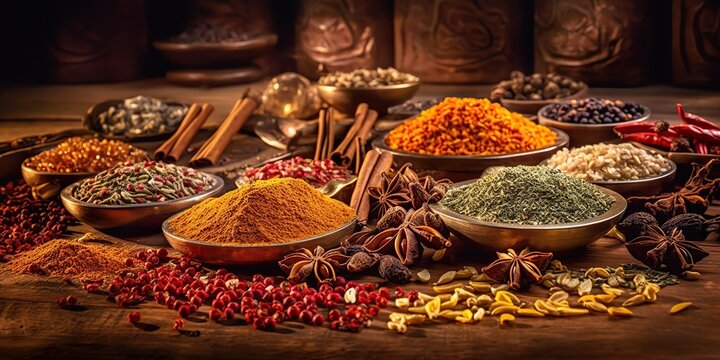 AI Generated. AI Generative. Set of different indian spices for meny food tasty. Graphic Art