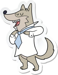 sticker of a cartoon office wolf getting dressed