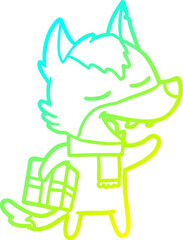 cold gradient line drawing of a cartoon wolf with christmas present laughing
