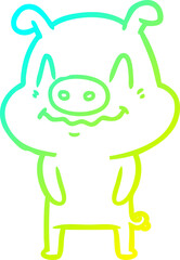 cold gradient line drawing of a nervous cartoon pig