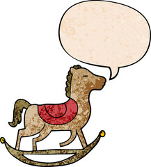 cartoon rocking horse with speech bubble in retro texture style
