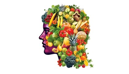 A human head figure made up of fresh fruit and vegetables on a white background