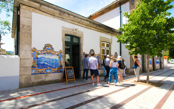 Azulejos in railway station of Pinhao in the Douro Valley in Portugal (Europe)