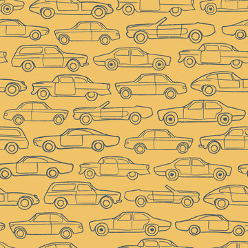 Vector old cars sketches yellow seamless pattern
