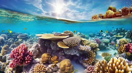 Fototapeta na wymiar an underwater scene of a coral reef with a sun in the background. generative ai