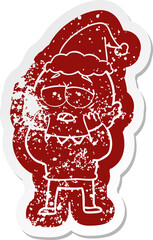 quirky cartoon distressed sticker of a tired bald man wearing santa hat