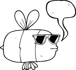 freehand drawn speech bubble cartoon bee wearing sunglasses
