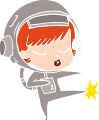 flat color style cartoon pretty astronaut girl karate kicking