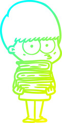 cold gradient line drawing of a nervous cartoon boy carrying books