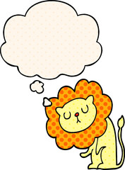 cute cartoon lion with thought bubble in comic book style