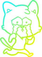cold gradient line drawing of a crying cartoon cat