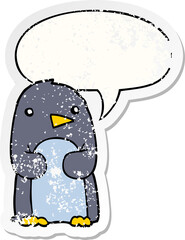 cartoon penguin with speech bubble distressed distressed old sticker
