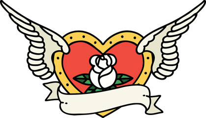 tattoo in traditional style of a flying heart with flowers and banner
