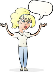 cartoon woman raising hands in air with speech bubble