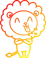 warm gradient line drawing of a happy cartoon lion