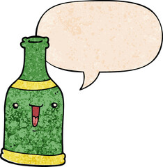 cartoon beer bottle with speech bubble in retro texture style