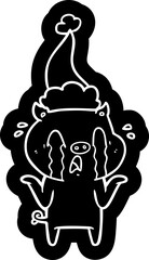 crying pig quirky cartoon icon of a wearing santa hat