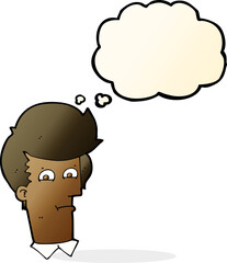 cartoon man narrowing eyes with thought bubble