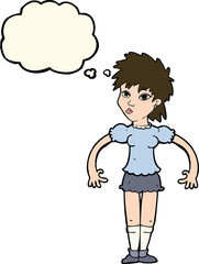 cartoon curious woman with thought bubble